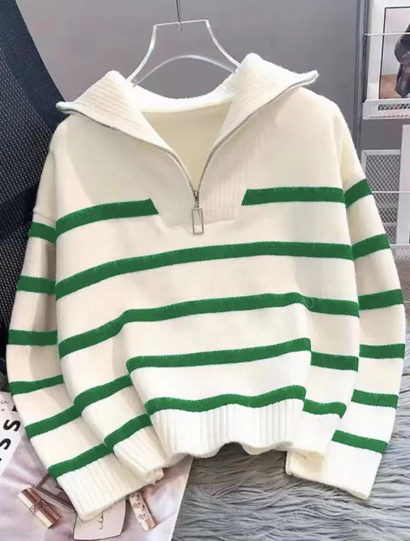 Damen Gestreifter Halb-Reißverschluss Strickpullover mit Rippenkragen – Mavelle