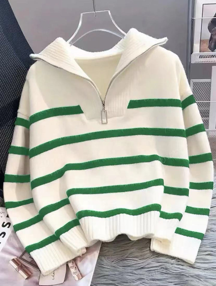 Damen Gestreifter Halb-Reißverschluss Strickpullover mit Rippenkragen – Mavelle