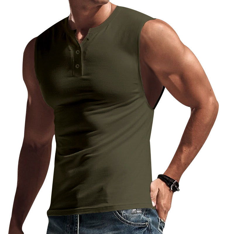 Herren ärmelloses Henley-T-Shirt aus weicher Baumwolle mit dekorativen Knöpfen Echoarchiv