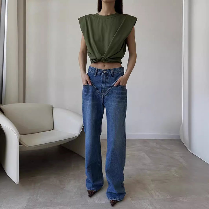Damen nan hochgeschnittene weite Denim-Hose mit V-förmiger Bundnaht und extra-langem Bein Echo Archiv