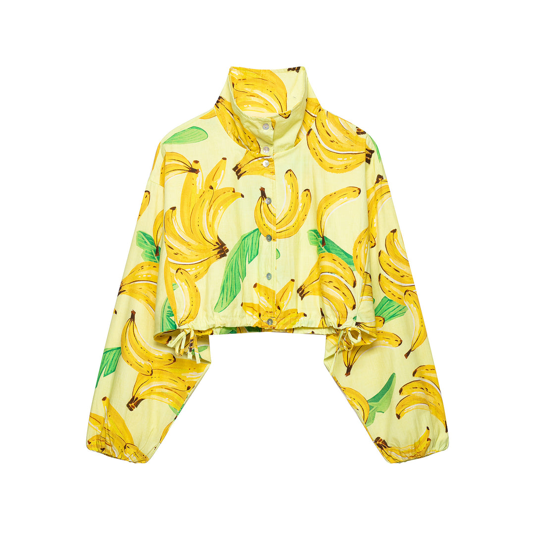 Damen Kurzbluse im Cropped-Boxy-Schnitt mit Banane‑Print, hohem Stehkragen und Tunnelzugsaum Echoarchiv