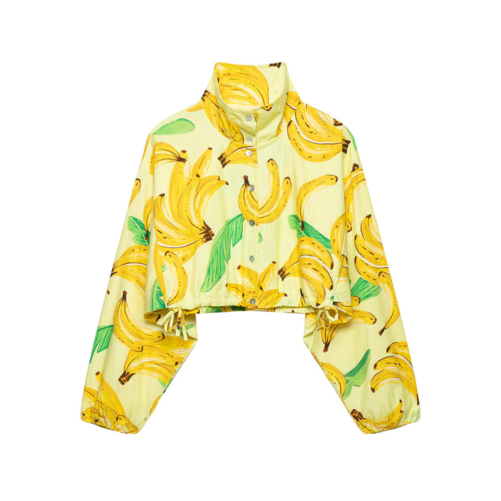 Damen Kurzbluse im Cropped-Boxy-Schnitt mit Banane‑Print, hohem Stehkragen und Tunnelzugsaum Echoarchiv