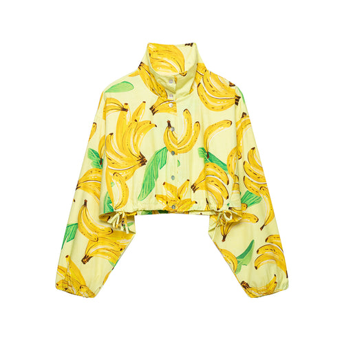 Damen Kurzbluse im Cropped-Boxy-Schnitt mit Banane‑Print, hohem Stehkragen und Tunnelzugsaum Echoarchiv