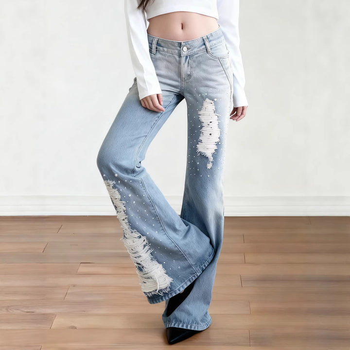 Damen Weite Schlagjeans mit hoher Taille, ausgefransten Rissen und Perlenapplikation Echo Archiv