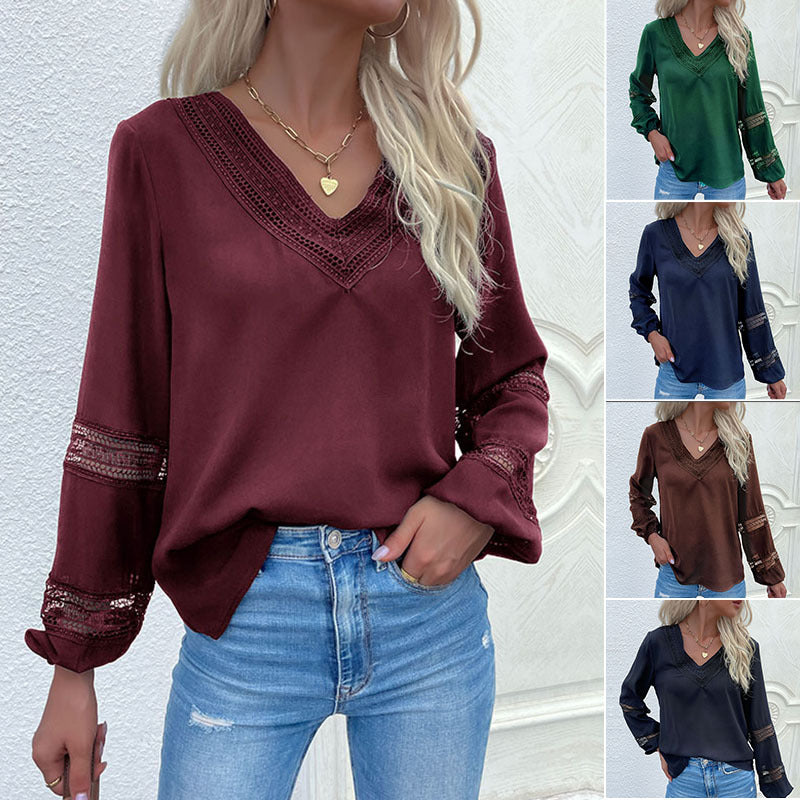 Damen Satinbluse mit V‑Ausschnitt, dekorativer Spitzenpasse und Ärmeln mit Spitzeneinsatz Echoarchiv