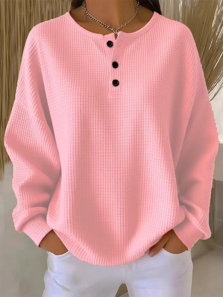 Damen nan Oversized Waffelstrick Henley-Pullover mit Knopfleiste und abgerundetem Saum Echo Archiv