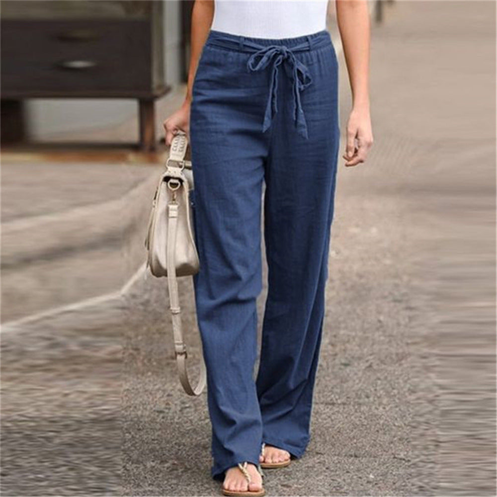 Damen nan weite Leinenhose mit Tunnelzugbund, geradem Bein und Eingrifftaschen Echo Archiv
