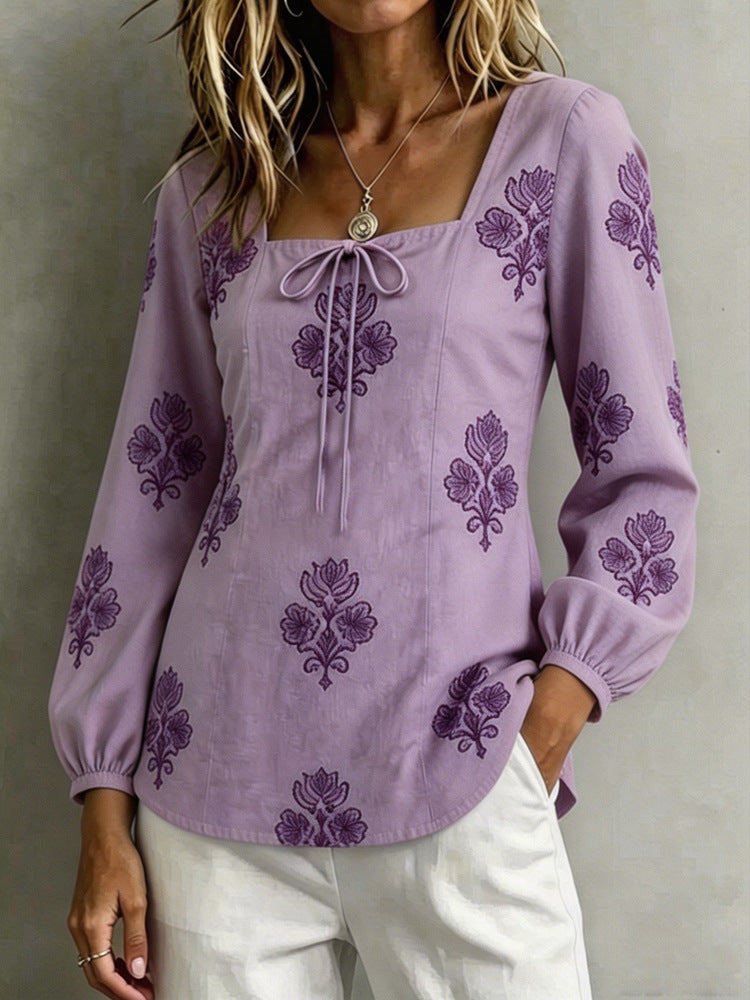 Damen Bestickte Tunika-Bluse mit quadratischem Ausschnitt und femininen Ballonärmeln – Élovi