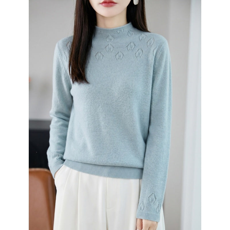 Damen Leichter Stehkragenpullover mit floralem Ajour‑Yoke und feiner Rippkante Echoarchiv