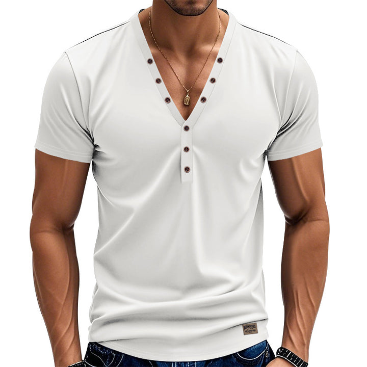 Herren Kurzarm Henley-T-Shirt mit modischem V-Ausschnitt und dekorativen Knöpfen Echoarchiv