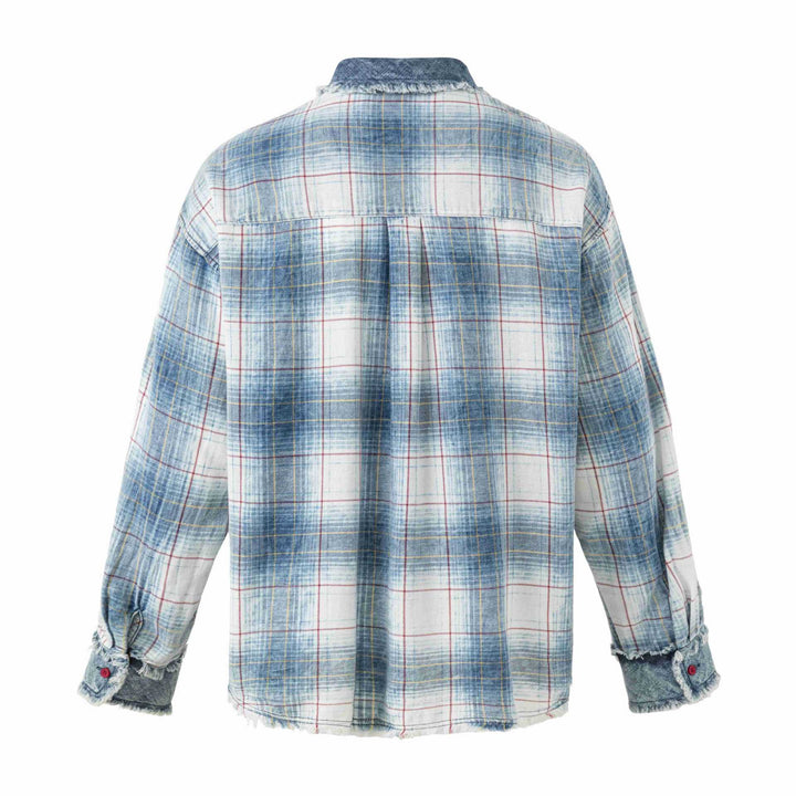 Damen Oversize kariertes Hemdjacke mit Denim-Applikationen und ausgefransten Kanten Echoarchiv