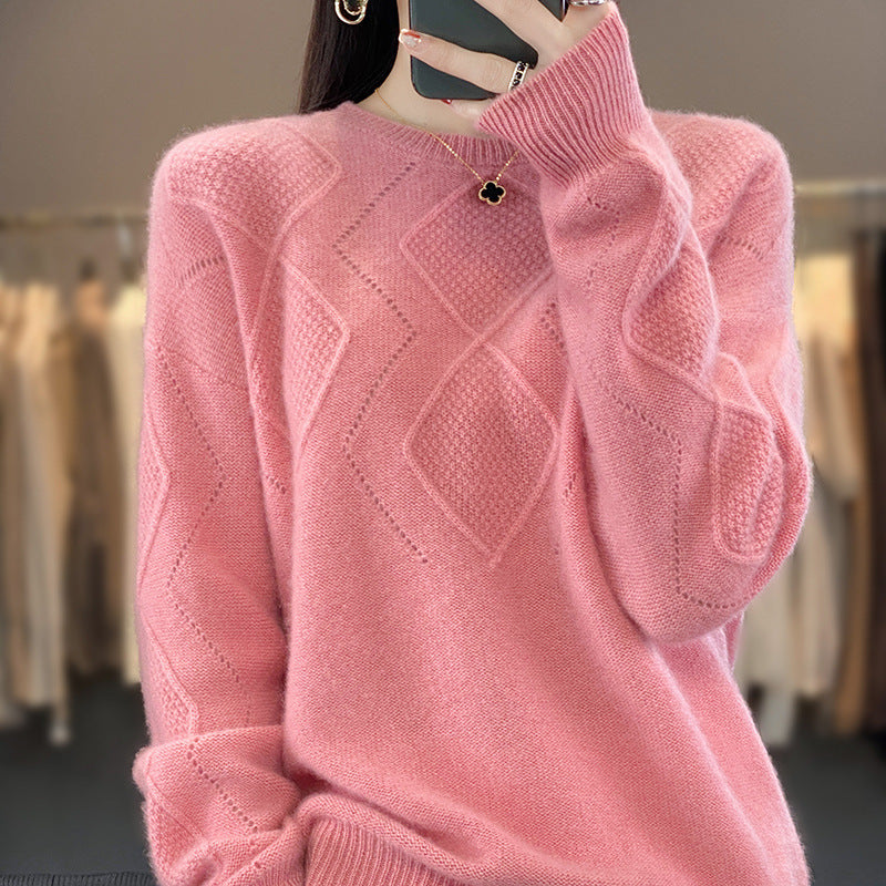 Damen Weicher Rautenmuster-Pullover im Mohair‑Look mit feiner Ajourstruktur und Rundhalsausschnitt Echoarchiv