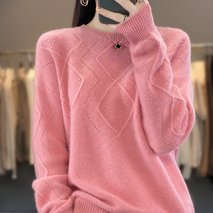 Damen Weicher Rautenmuster-Pullover im Mohair‑Look mit feiner Ajourstruktur und Rundhalsausschnitt Echoarchiv