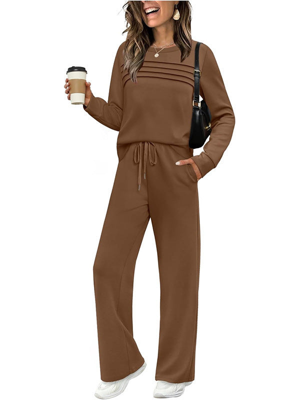 Damen Zweiteiliges Lounge-Set mit Plissee-Detail, Rundhals-Sweatshirt und weitem Kordel-Hose – Élanora