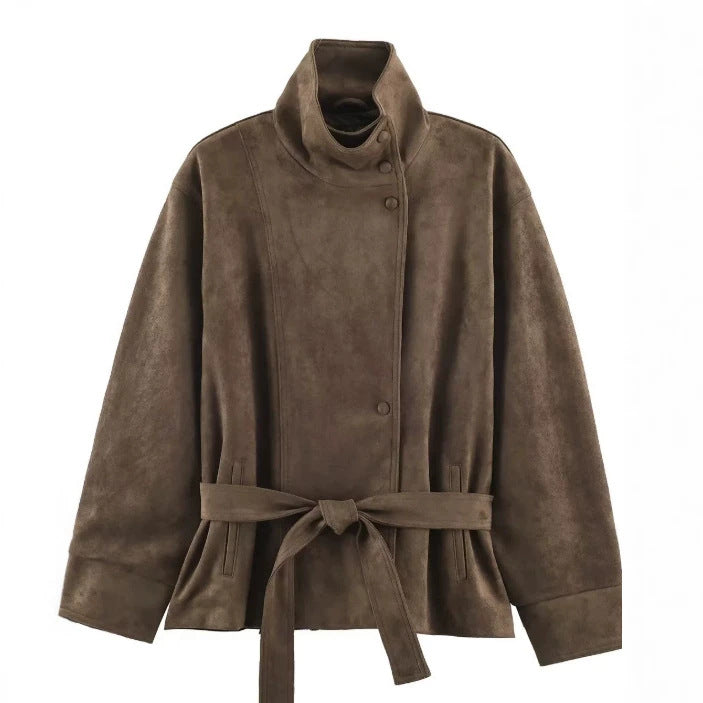 Damen Veloursleder-Optikjacke mit hohem Stehkragen und Taillengürtel Echo Archiv