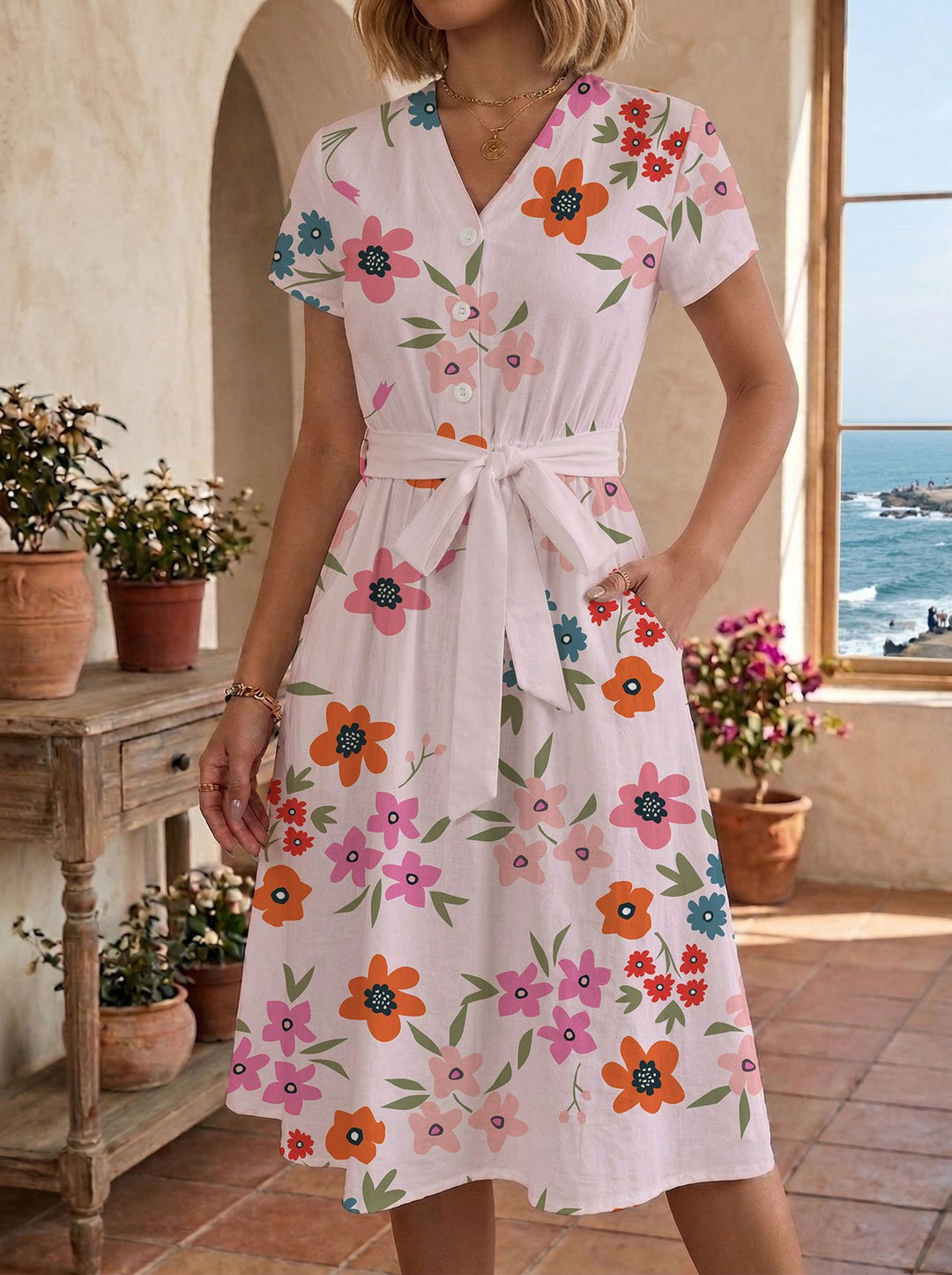 Damen lässiges Maxikleid mit taillierbarem Knoten und dekorativem Karomuster Echo Archiv