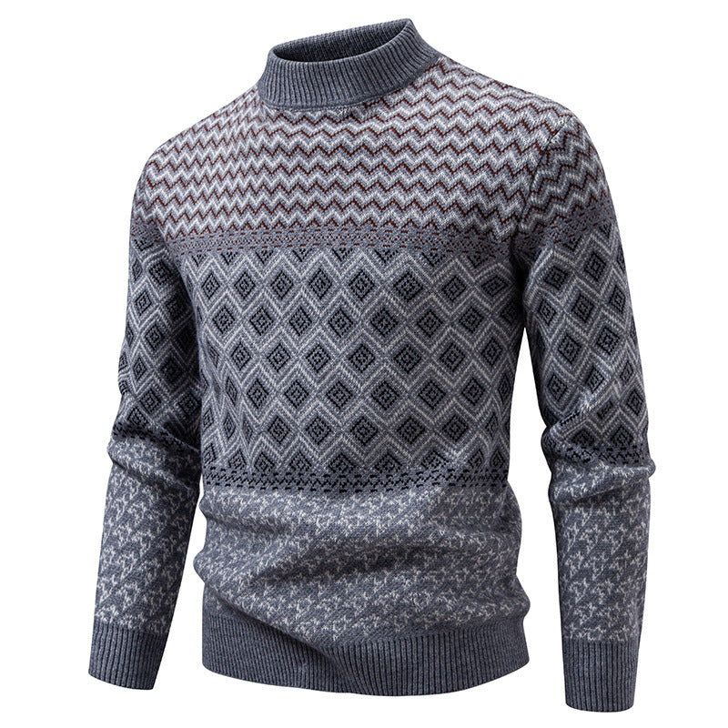 Herren Feinstrick-Mockneck-Pullover mit geometrischem Jacquard und gerippten Abschlüssen Echo Archiv