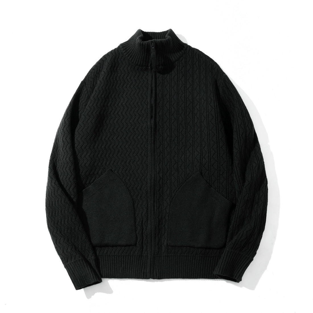 Unisex strukturierte Strick‑Zipjacke mit hohem Rippkragen und Kängurutaschen Echoarchiv
