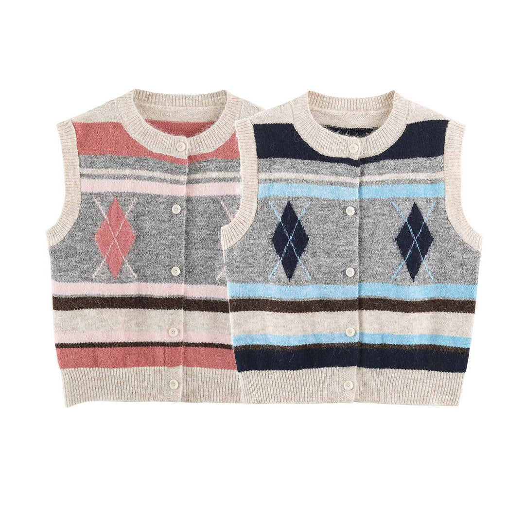 Damen Ärmellose Argyle-Strickweste mit durchgehender Knopfleiste und geripptem Saum Echoarchiv