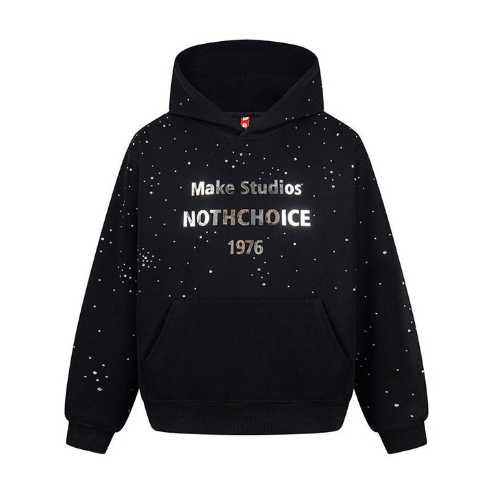 Damen Kapuzenpullover mit Statement-Print Metallic-Lettering und Paint-Splatter-Optik Echoarchiv