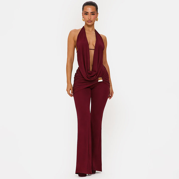 Damen elegantes, figurbetontes Jumpsuit mit tiefem Ausschnitt und weitem Bein Echo Archiv