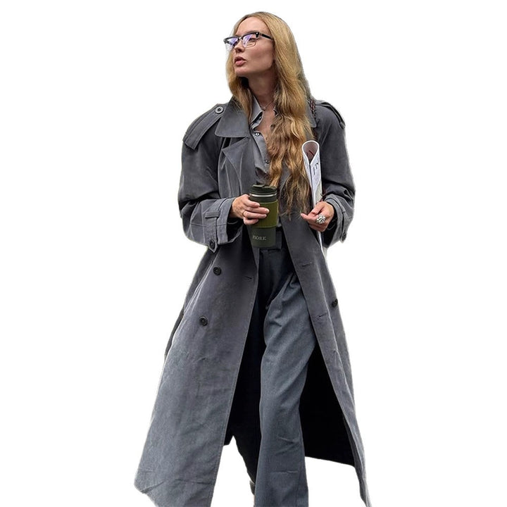 Damen Maxilanger Oversize-Trenchcoat aus softem Velours mit Schulterpatten und doppelreihiger Knopfleiste Echoarchiv