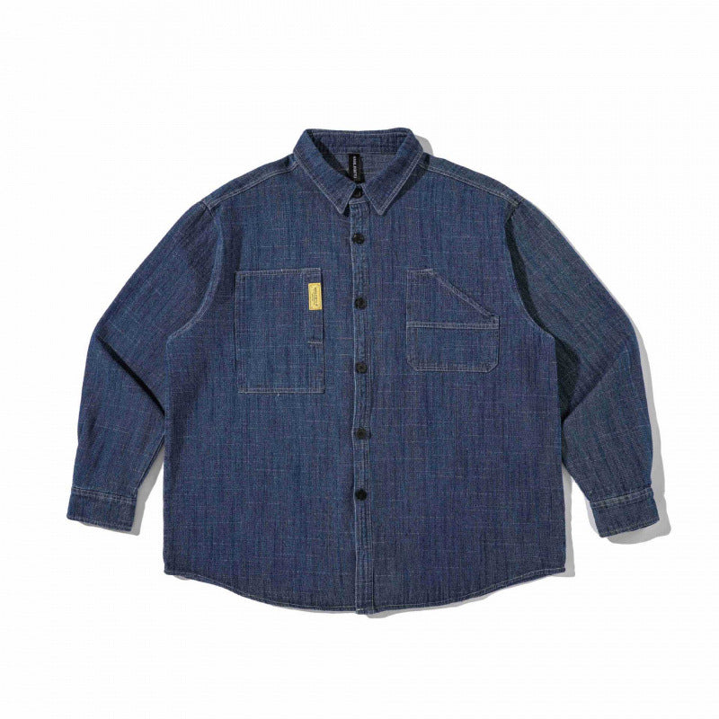Unisex Kastenförmiges Denim-Overshirt im Worker-Look mit aufgesetzten Taschen und gerundetem Saum Echo Archiv