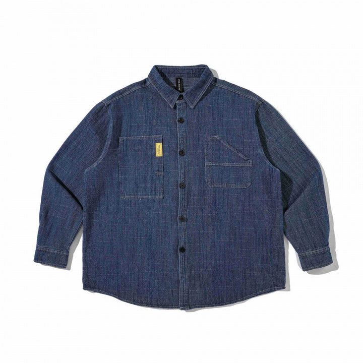 Unisex Kastenförmiges Denim-Overshirt im Worker-Look mit aufgesetzten Taschen und gerundetem Saum Echo Archiv