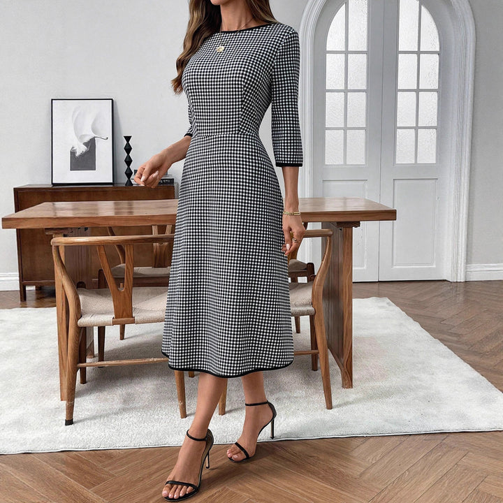 Damen Midikleid mit taillierter A‑Linie, dreiviertel Ärmeln und Vichy‑Karo – Avérine