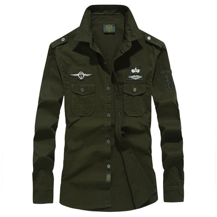 Herren nan militärisch inspiriertes Langarm-Utility-Hemd mit Schulterklappen, aufgesetzten Brusttaschen und Abzeichen Echo Archiv