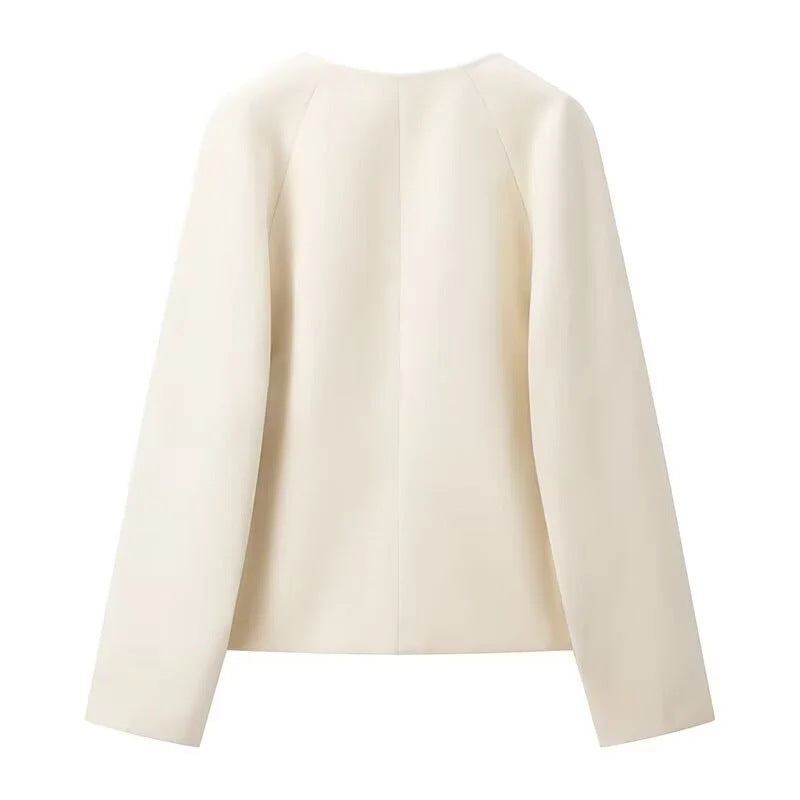 Damen kurz geschnittene Jacke mit V-Ausschnitt, zweifachem Schnallenverschluss und kastiger Silhouette – Célinea