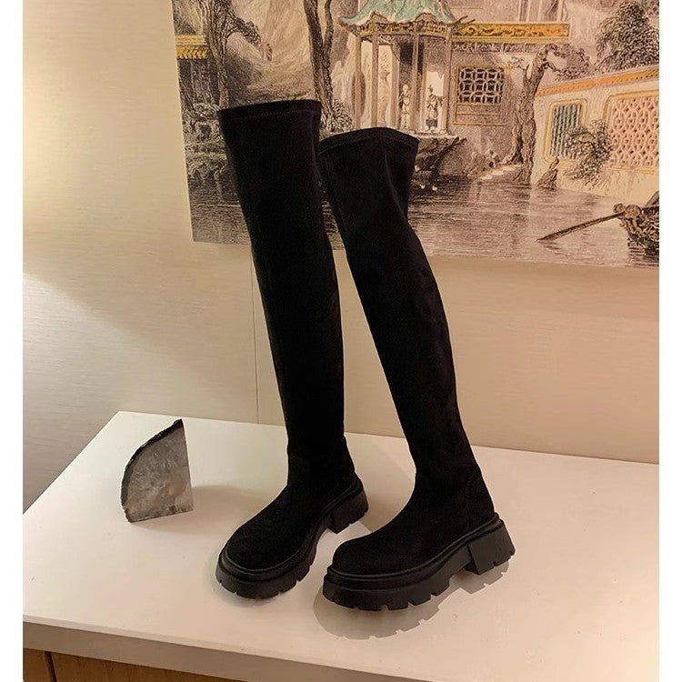 Damen Wadenhohe Veloursleder-Stiefel mit markanter Lug‑Profilsohle und elastischem Schlupfschaft Echo Archiv