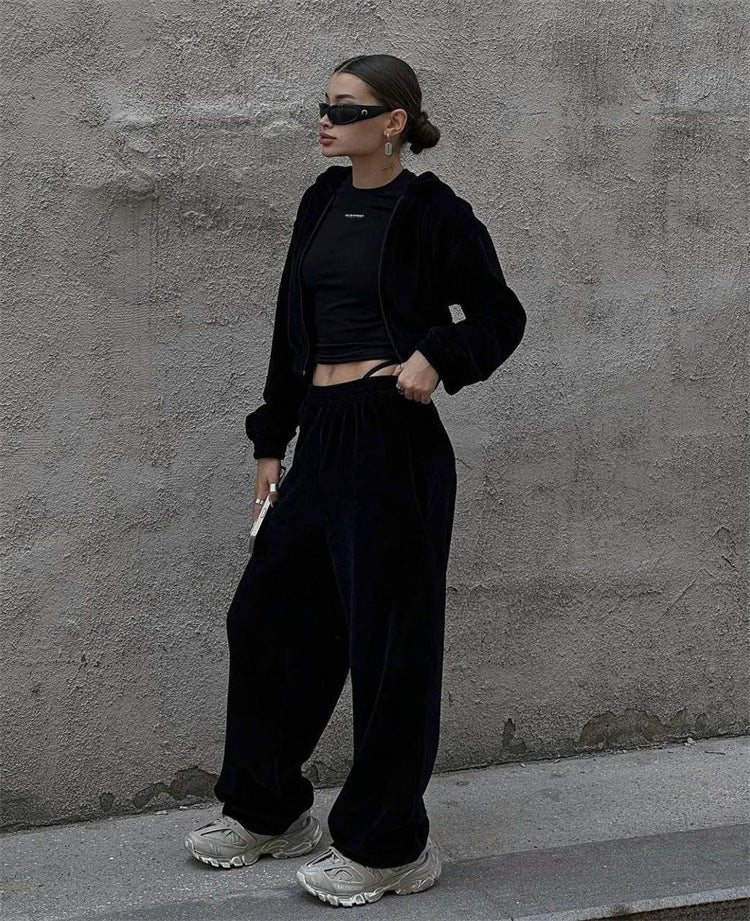 Damen nan Samt-Trainingsanzug zweiteilig mit cropped Kapuzenjacke und hoher Taille Jogginghose Echo Archiv
