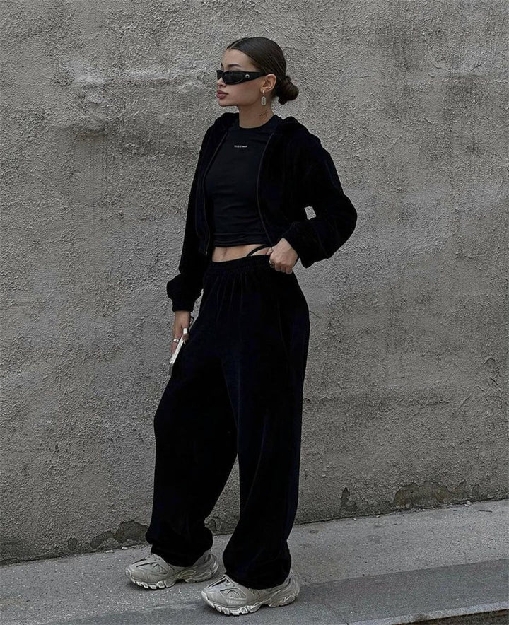 Damen nan Samt-Trainingsanzug zweiteilig mit cropped Kapuzenjacke und hoher Taille Jogginghose Echo Archiv