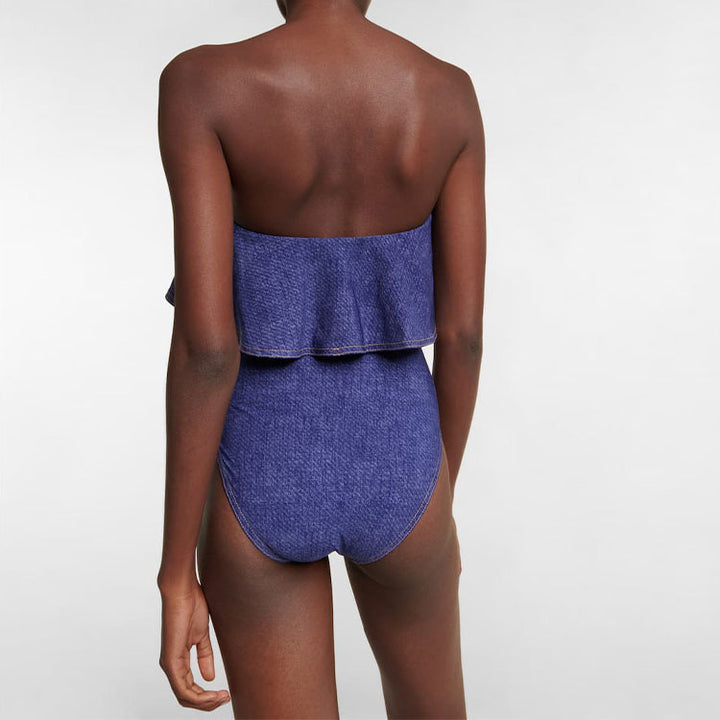 Damen Bandeau Badeanzug mit dekorativen Schleifen und gestreiftem Maxiröckchen Echo Archiv