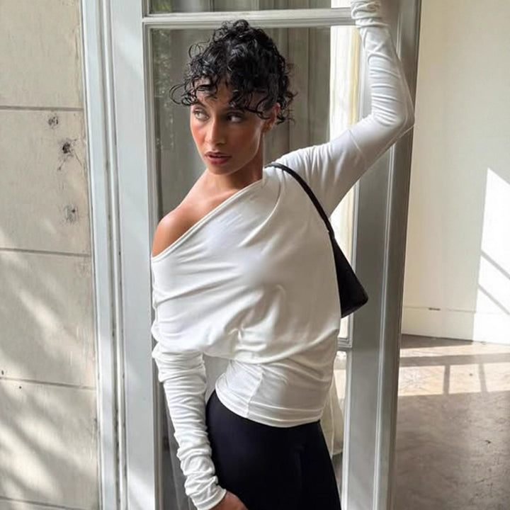 Damen nan asymmetrisches Off-Shoulder Longsleeve mit taillierter Silhouette und Daumenloch-Ärmeln Echo Archiv