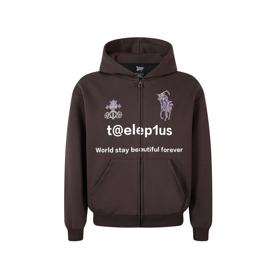 Unisex Kapuzen‑Zipjacke mit gestickten Wappen und Frontprint Echoarchiv