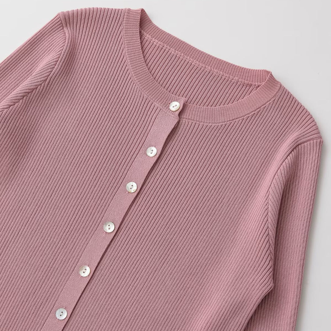 Damen Feinripp-Feinstrick-Cardigan mit durchgehender Knopfleiste und Rundhalsausschnitt Echo Archiv