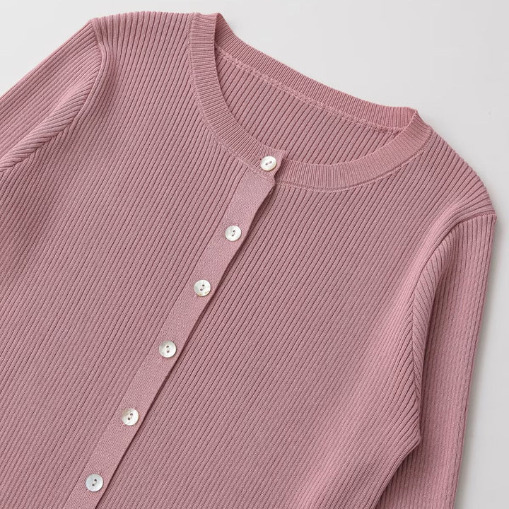 Damen Feinripp-Feinstrick-Cardigan mit durchgehender Knopfleiste und Rundhalsausschnitt Echo Archiv