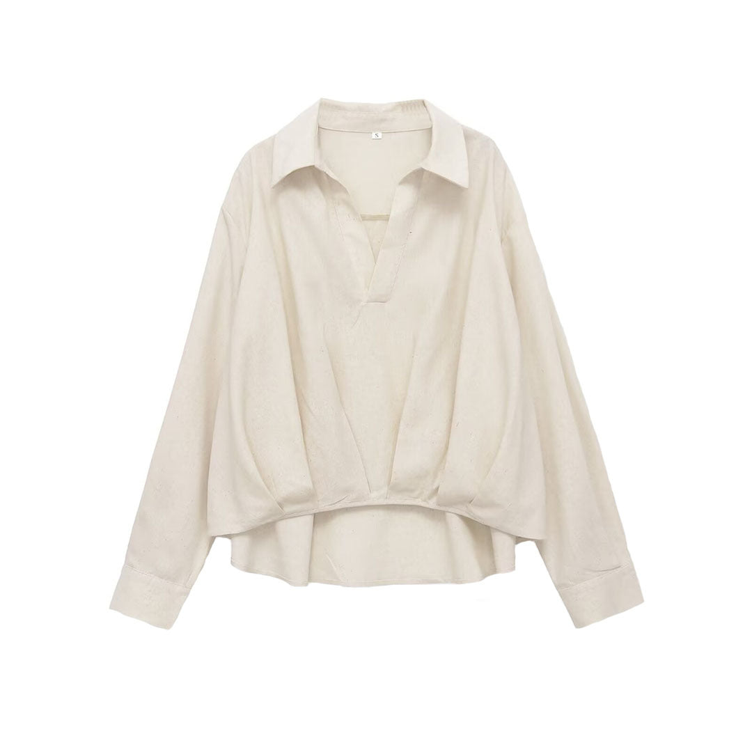 Damen Oversize-Leinenbluse mit offenem V‑Ausschnitt und gerafftem Saum Echoarchiv
