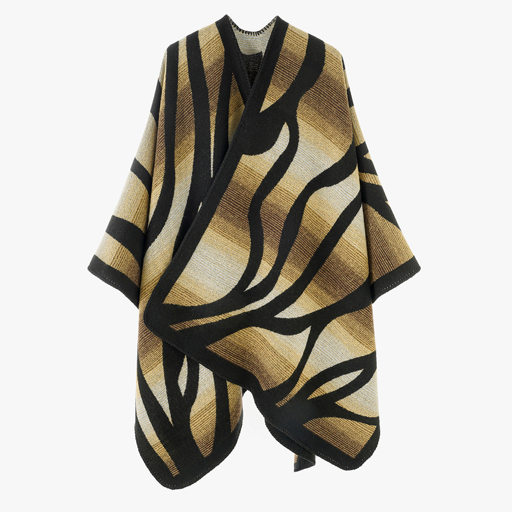 Damen Strukturstrick-Cape mit asymmetrischem Wickelfall und Jacquardmuster – Avérine