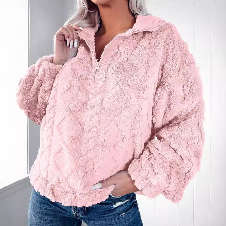 Damen nan Plüsch-Sherpa-Pullover mit halbem Reißverschluss, Stehkragen und oversized Silhouette Echo Archiv
