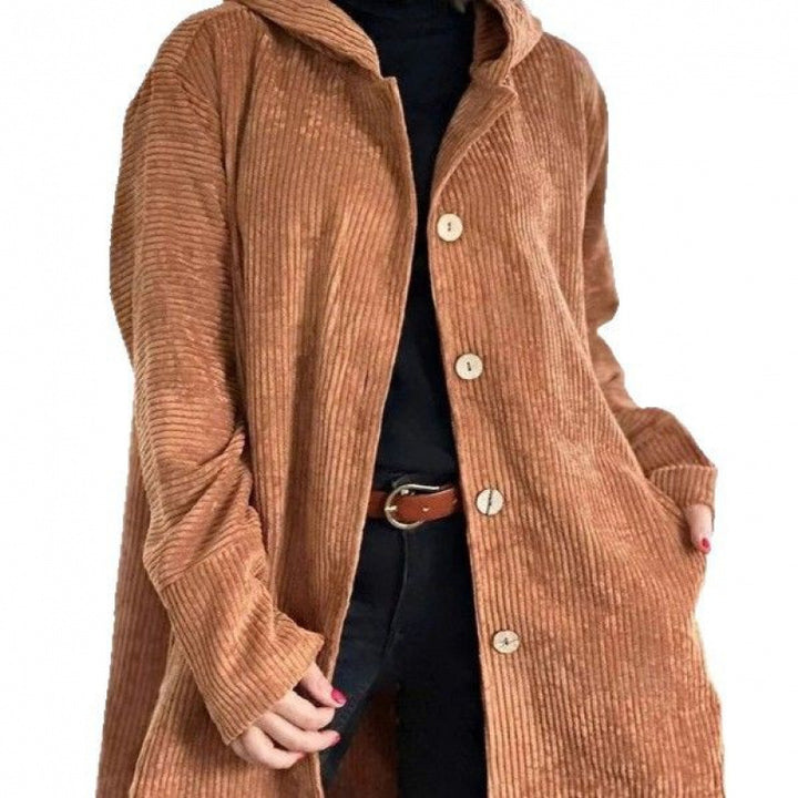 Damen Langer Kapuzen-Strickcardigan mit Rippenstruktur, Knopfleiste und Seitentaschen Echo Archiv