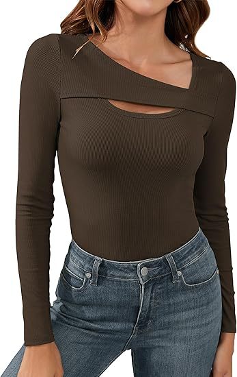 Damen Geripptes Langarmshirt mit asymmetrischem Carmenausschnitt und Brust-Cut-Out Echo Archiv