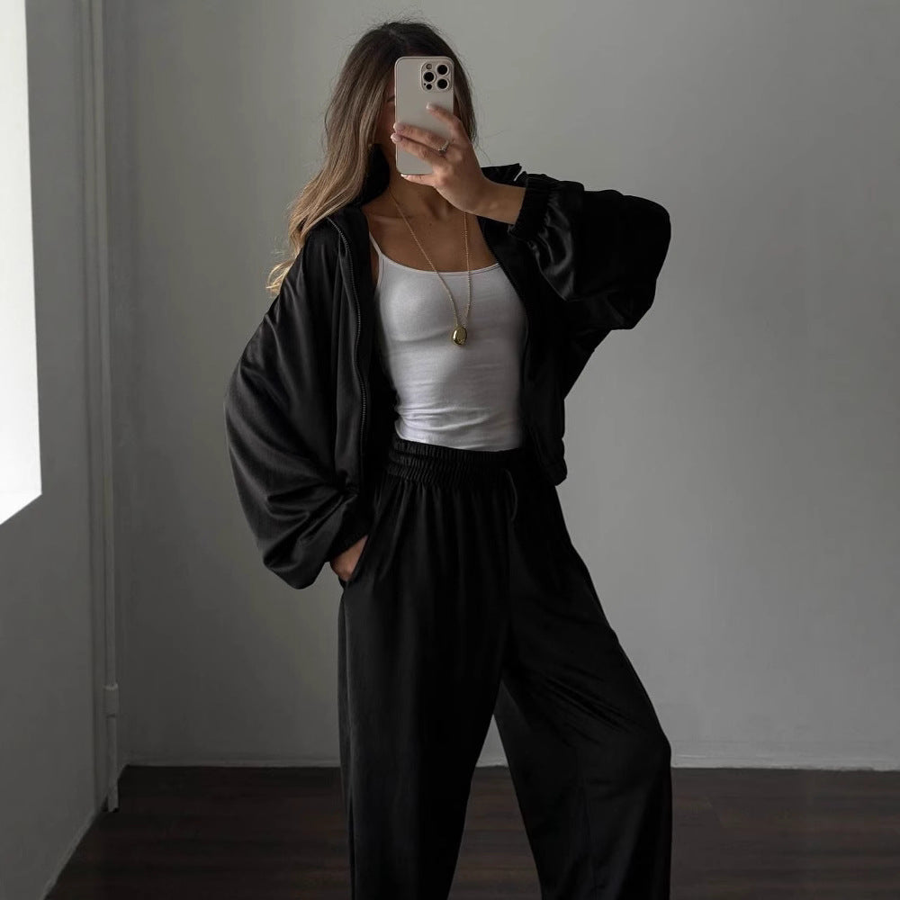 Damen lässiges Lounge-Zweiteiler Set mit Oversize Zipjacke und weitem Bundhose – Élanora