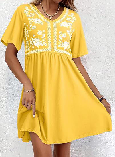 Damen Besticktes Empire-Kleid mit V-Ausschnitt, Kurzärmeln und ausgestelltem Rock Echo Archiv