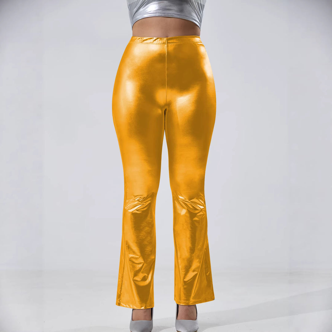 Damen Glänzende High-Waist Schlaghose mit Metallic-Finish echoarchiv-