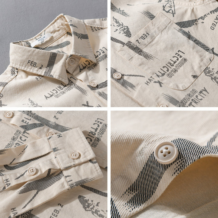 Herren Leichtes Baumwoll-Crinkle Hemd im Relaxed-Fit mit Typo-Alloverprint und aufgesetzter Brusttasche Echoarchiv