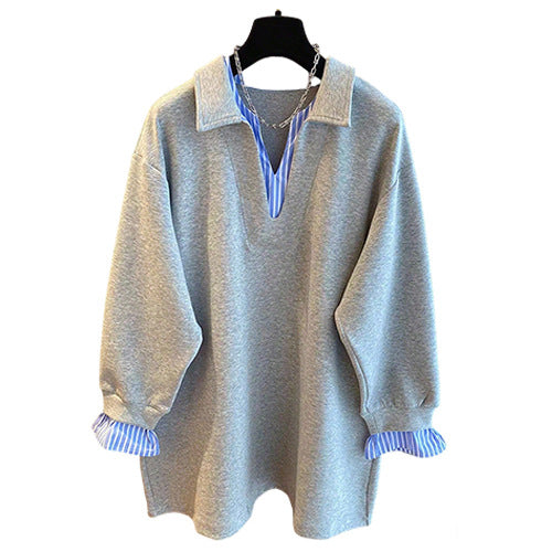Damen Oversized Sweatshirt mit Hemdkragen-Optik und gestreiften Manschetten – Avérine