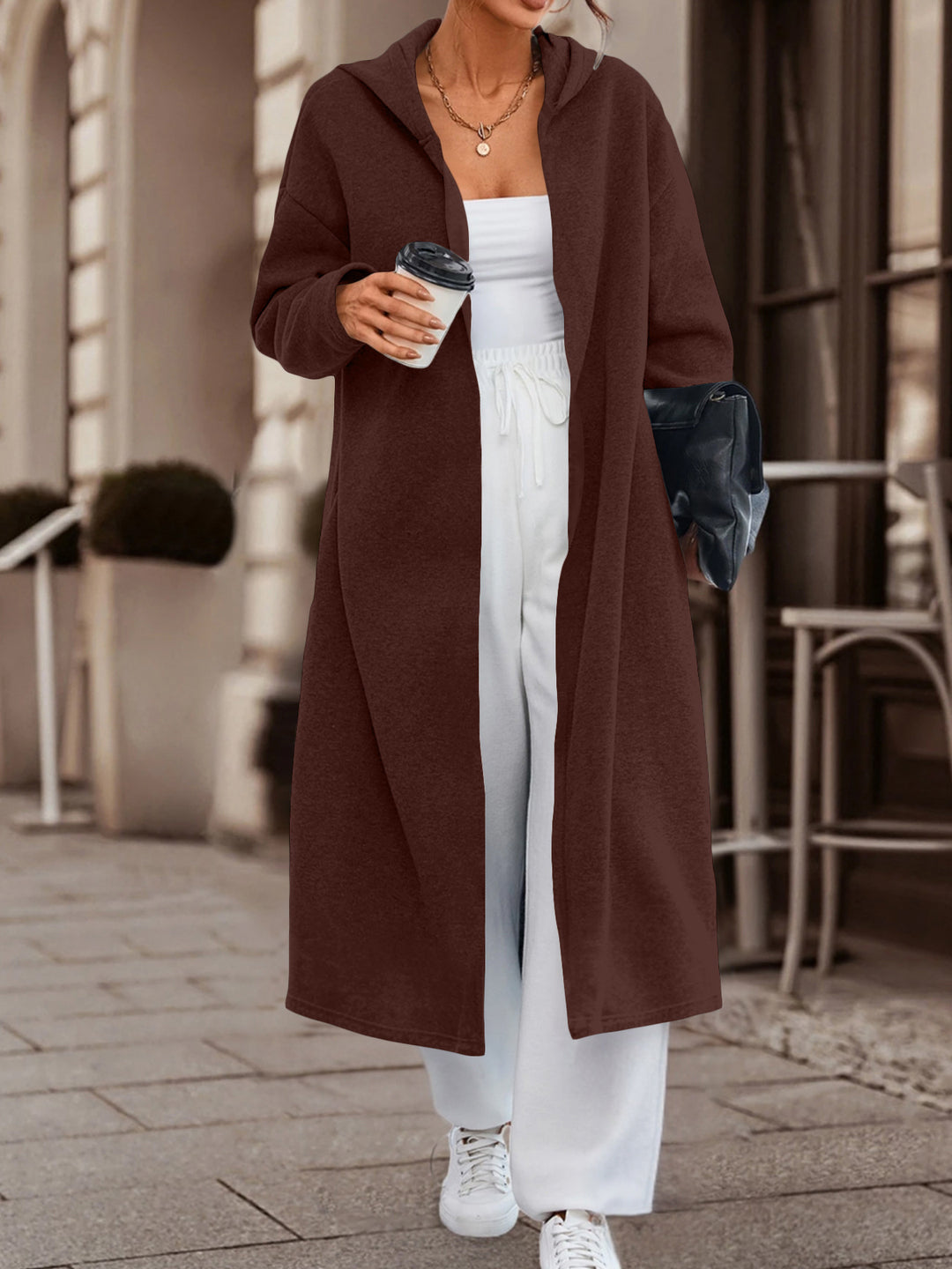 Damen Langer Oversize Kapuzenmantel mit offener Front und weichem Fleece – Célinea